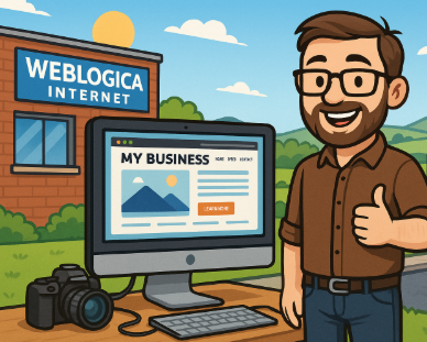 Cartoon man with a computer showing a business website, with “Weblogica Internet” building and “Market Drayton” sign in background.
