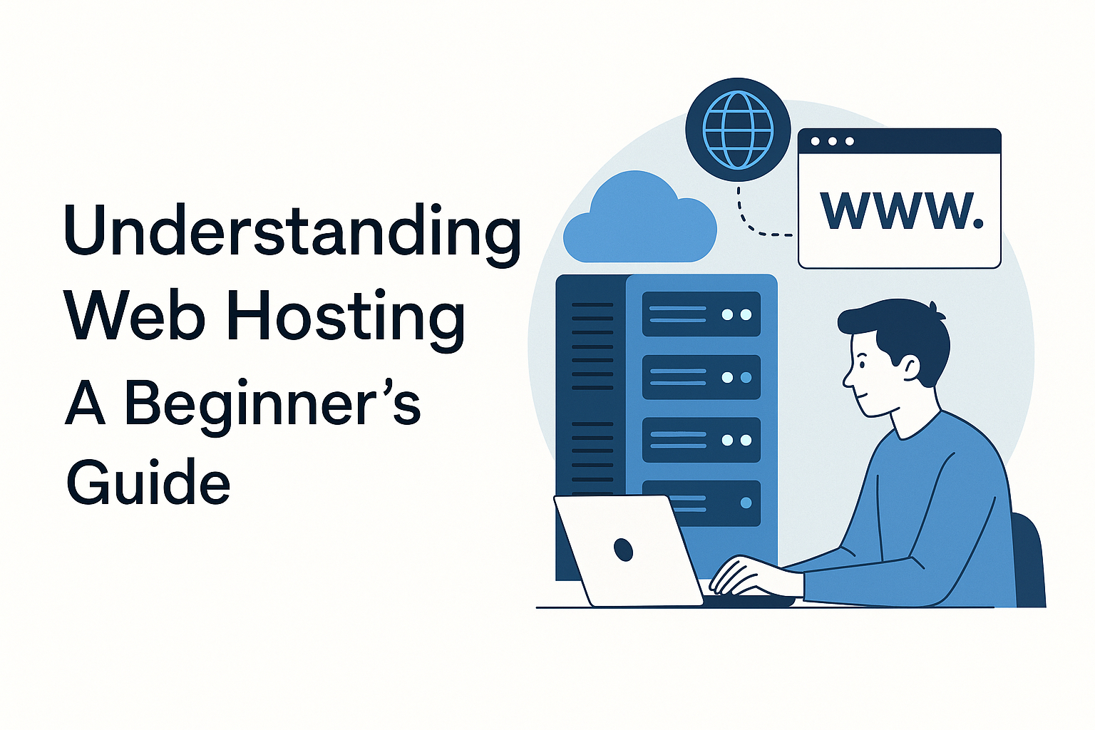 web hosting for beginners - illustration of server, laptop and cloud