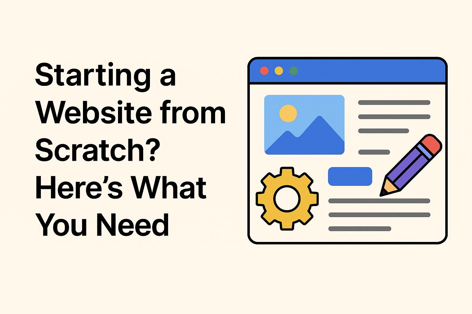 building a website from scratch with icons for hosting, domain, WordPress, and content blocks