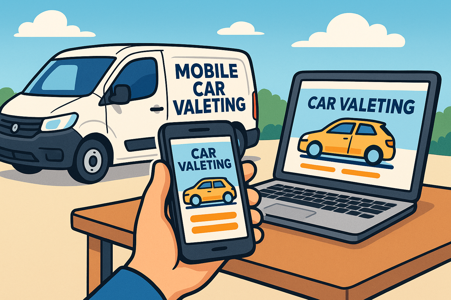 Professional car valeting service with branded van and website displayed on phone and laptop