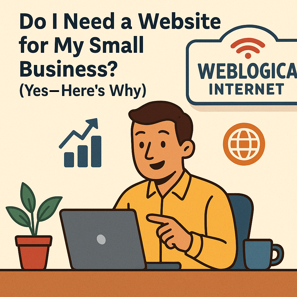 Cartoon of business owner at a laptop with 'Weblogica Internet' sign, asking "Do I need a website?"