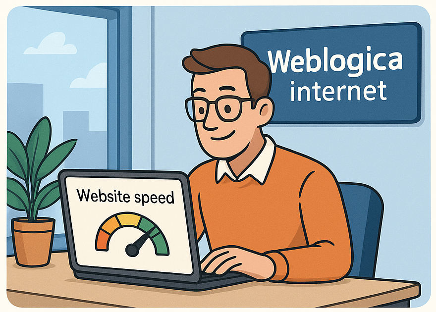 Cartoon man checking website speed on laptop with Weblogica Internet sign behind him