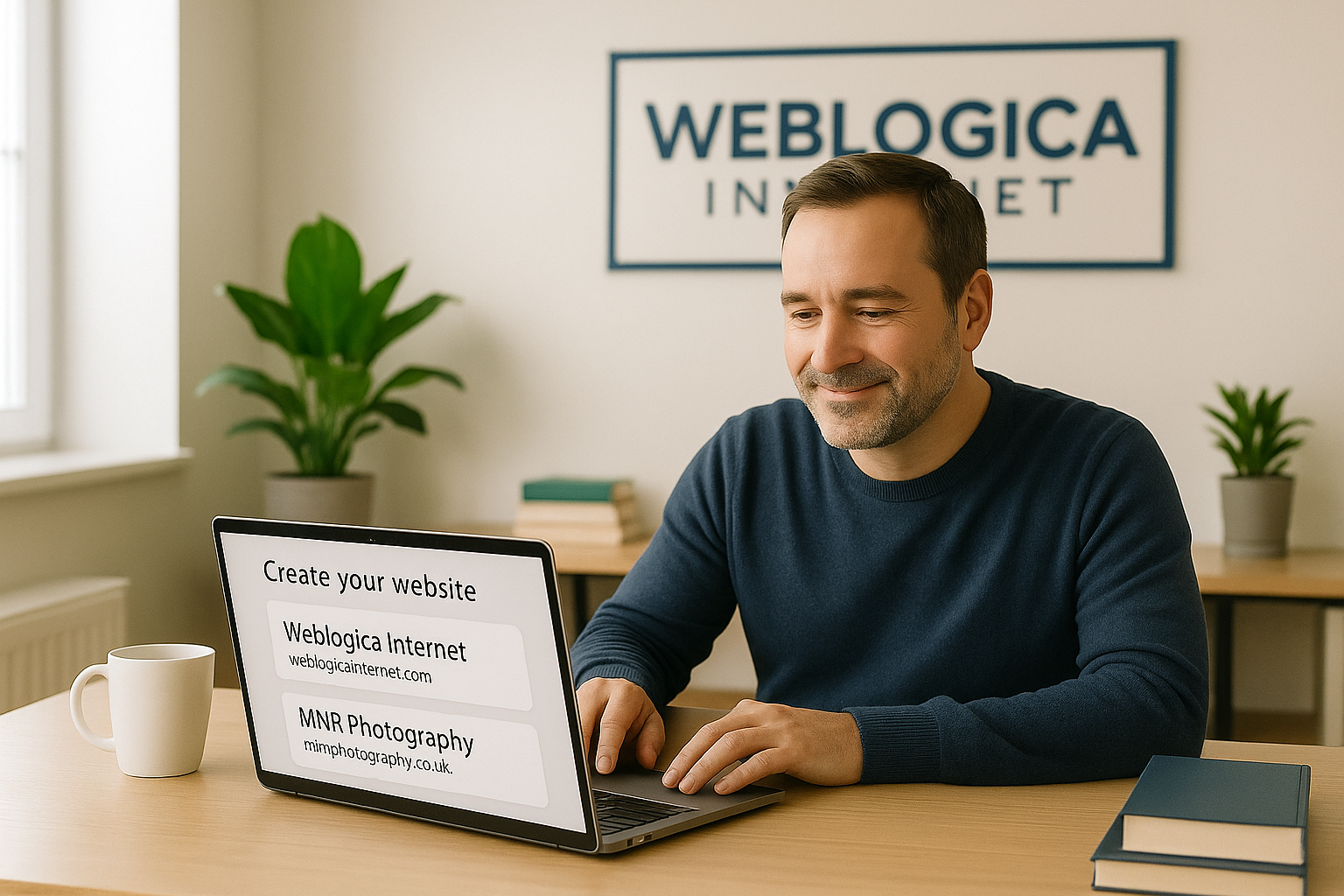 Man building a website on laptop with Weblogica Internet sign in office background