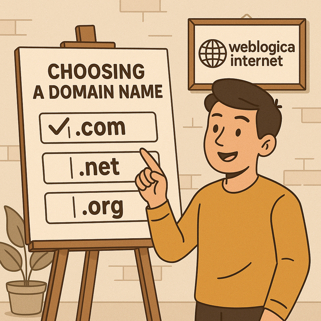 Cartoon man choosing a domain name from a board, with the "Weblogica Internet" sign in the background