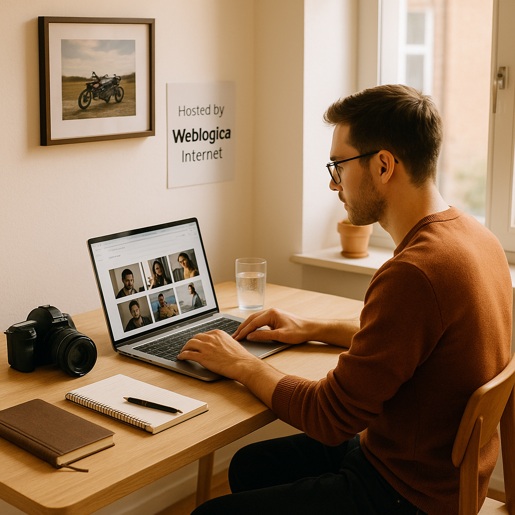 A freelance photographer editing their portfolio on a laptop, hosted by a UK web hosting provider