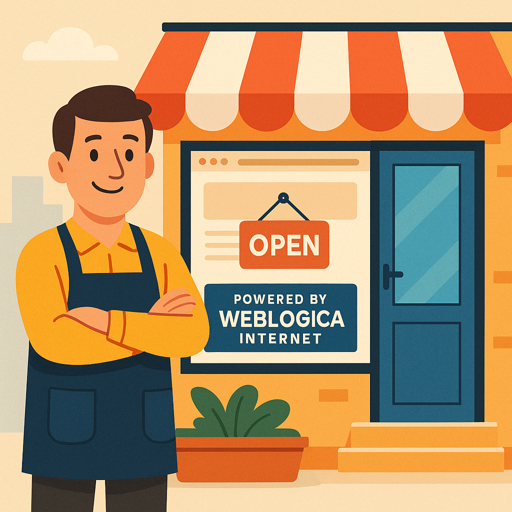 Small business owner standing proudly outside a new shop website with Weblogica branding
